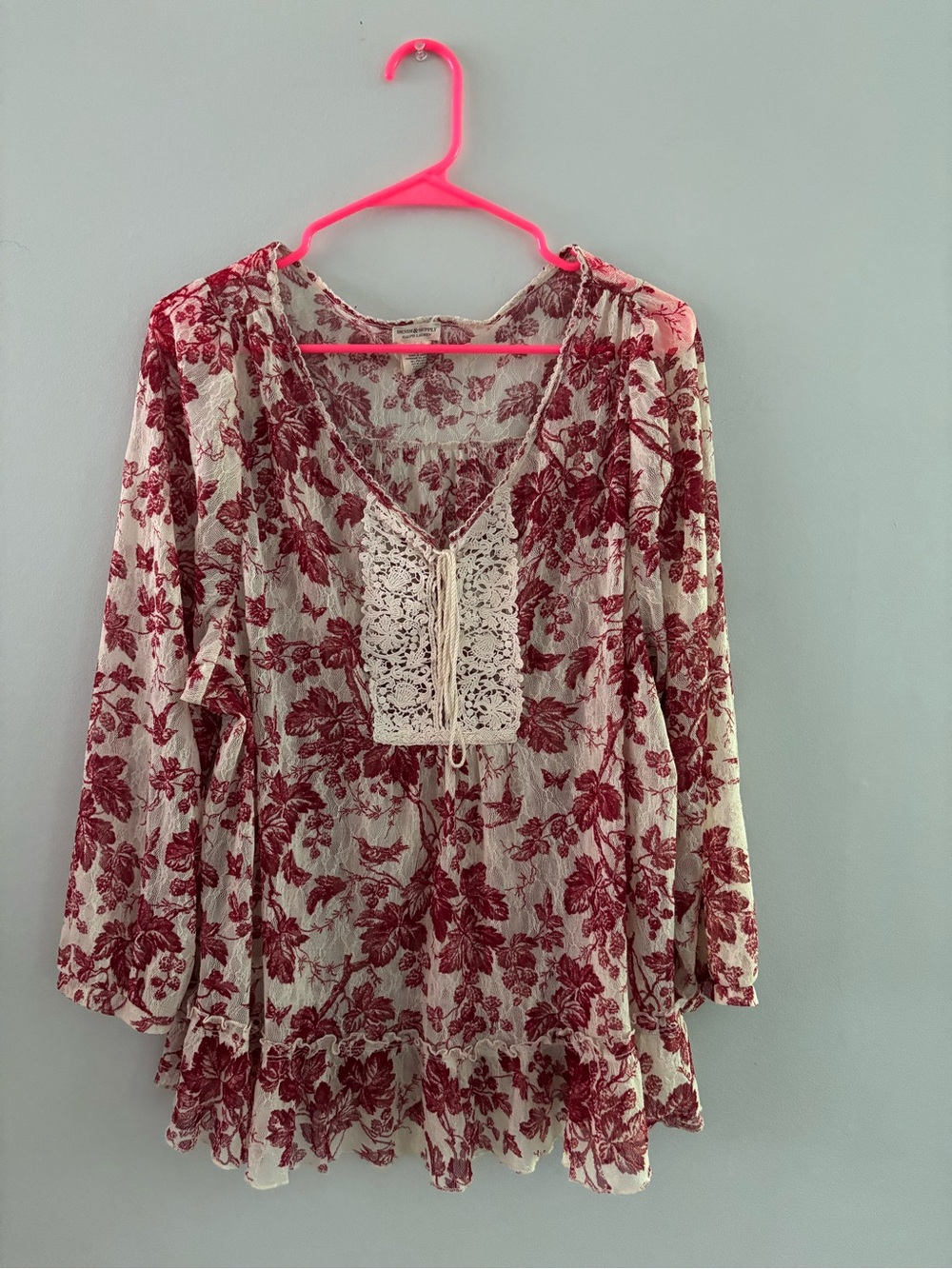 Ralph Lauren Floral Lace Up Peasant Blouse XL Denim & Supply Boho Ruffle Luxury